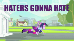 Size: 640x360 | Tagged: safe, edit, edited screencap, screencap, spike, twilight sparkle, dog, equestria girls, g4, my little pony equestria girls, animated, caption, dogs riding humans, female, gif, haters gonna hate, image macro, male, riding, spike riding twilight, spike the dog, text