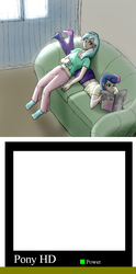 Size: 569x1148 | Tagged: safe, artist:asdf314159265, bon bon, lyra heartstrings, sweetie drops, human, g4, couch, exploitable meme, humanized, magazine, meme, reading, template, tv meme