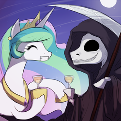 Size: 650x650 | Tagged: safe, artist:keterok, princess celestia, pony, g4, alcohol, bone, death (equine-morphic personification), grim reaper, ponified, scythe, skeleton, skull, story in the comments