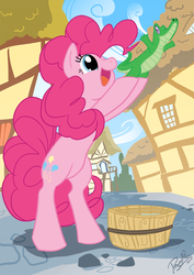 Size: 496x702 | Tagged: safe, artist:dawnallies, gummy, pinkie pie, g4, cute, diapinkes, open mouth, pet, ponyville, tub