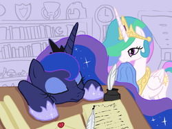 Size: 800x600 | Tagged: safe, artist:arrkhal, princess celestia, princess luna, alicorn, pony, g4, blanket, mouth hold, nap, quill, scroll, sleeping, writing