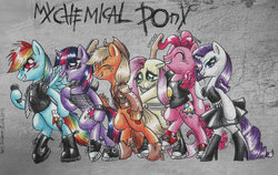 Size: 900x567 | Tagged: safe, artist:my-unicorn-romance, applejack, fluttershy, pinkie pie, rainbow dash, rarity, twilight sparkle, g4, band, boots, clothes, converse, dress, drumsticks, guitar, hoof boots, microphone, musical instrument, my chemical romance, necktie, parody, punk, shirt, shoes