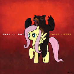 Size: 894x894 | Tagged: safe, artist:coffeblack, fluttershy, bear, g4, album cover, fall out boy, parody, raised hoof, riding, riding a pony, smiling, spread wings