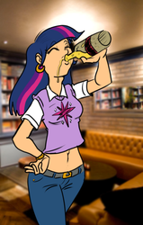 Size: 577x906 | Tagged: safe, twilight sparkle, human, g4, alcohol, belly button, clothes, drinking, female, humanized, jeans, midriff, solo