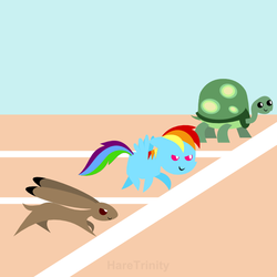 Size: 601x601 | Tagged: safe, artist:haretrinity, rainbow dash, tank, hare, pegasus, pony, tortoise, g4, female, mare, missing cutie mark, pointy ponies, race, the tortoise and the hare