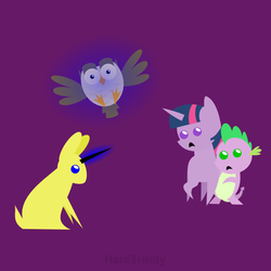 Size: 601x601 | Tagged: safe, artist:haretrinity, owlowiscious, spike, twilight sparkle, almiraj, bird, dragon, owl, pony, rabbit, g4, female, glowing horn, horn, magic, male, mare, pointy ponies, purple background, simple background, telekinesis