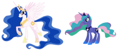 Size: 1664x732 | Tagged: safe, artist:derpyna, artist:selenaede, princess celestia, princess luna, alicorn, pony, g4, alternate hairstyle, crown, duo, ethereal mane, female, hoof shoes, jewelry, mane swap, mare, palette swap, peytral, princess shoes, regalia, simple background, standing on two hooves, starry mane, starry tail, tail, transparent background