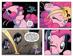 Size: 875x673 | Tagged: safe, idw, official comic, pinkie pie, rainbow dash, spike, twilight sparkle, dragon, pony, g4, spoiler:comic, comic, female, male, mare, one eye closed, wink