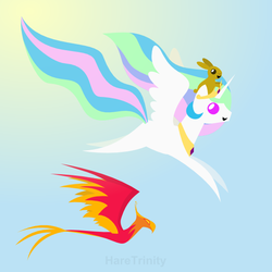 Size: 601x601 | Tagged: safe, artist:haretrinity, philomena, princess celestia, phoenix, rabbit, g4, flying, pointy ponies