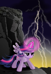 Size: 584x836 | Tagged: dead source, safe, artist:monsterswonderland, twilight sparkle, alicorn, pony, g4, badass, epic, female, magic, mare, solo, thunder, twilight sparkle (alicorn)