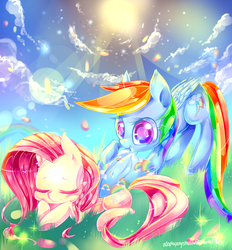 Size: 1300x1400 | Tagged: safe, artist:aquagalaxy, fluttershy, rainbow dash, g4, sky, sleeping, vertigo