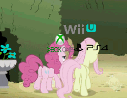 Size: 276x214 | Tagged: safe, edit, edited screencap, screencap, applejack, fluttershy, pinkie pie, earth pony, pegasus, pony, g4, the return of harmony, adventure in the comments, animated, butt, butt bump, console drama, console wars, discorded, e3, female, flutterbitch, hilarious in hindsight, metaphor gif, playstation 4, plot, wii u, xbox one