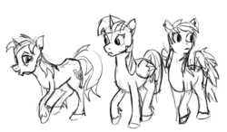 Size: 1202x700 | Tagged: safe, artist:archonix, lyra heartstrings, rainbow dash, twilight sparkle, alicorn, pony, fanfic:xenophilia, g4, immortality blues, monochrome, sad, sketch, twilight sparkle (alicorn)