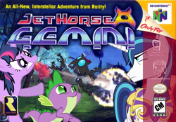 Size: 1000x695 | Tagged: safe, artist:nickyv917, shining armor, spike, twilight sparkle, changeling, dragon, pony, unicorn, g4, box art, esrb, female, horn, jet force gemini, male, mare, nintendo, nintendo 64, parody, rareware, stallion, t rating, wingless spike