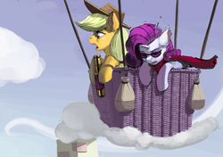 Size: 929x654 | Tagged: safe, artist:kevinsano, applejack, rarity, earth pony, pony, unicorn, g4, clothes, duo, flying, hot air balloon, riding, scarf, spyglass, sunglasses, telescope