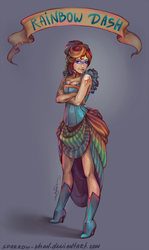 Size: 446x750 | Tagged: safe, artist:sparrow-chan, rainbow dash, human, g4, alternate hairstyle, banner, clothes, corset, dress, face paint, female, high heel boots, humanized, old banner, solo