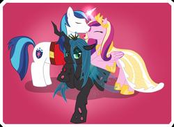 Size: 1780x1300 | Tagged: safe, artist:vavacung, princess cadance, queen chrysalis, shining armor, alicorn, changeling, changeling queen, pony, unicorn, g4, clothes, crown, dress, female, jewelry, male, pixiv, regalia, ship:shiningcadance, shipping, straight, uniform