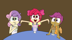 Size: 1705x953 | Tagged: safe, artist:deoix, apple bloom, scootaloo, sweetie belle, human, g4, humanized, milkshake, trio, winged humanization