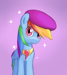 Size: 731x817 | Tagged: safe, artist:lurarin, rainbow dash, fanfic:austraeoh, g4, beret, blushing, cute, element of loyalty, fanfic art, female, folded wings, hat, looking at you, mare, simple background, smiling, smiling at you, solo, sparkles, wings