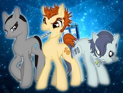 Size: 1561x1179 | Tagged: safe, artist:memoneo, doctor who, eleventh doctor, ninth doctor, ponified, tardis, tenth doctor