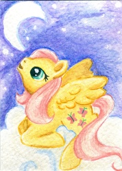 Size: 1492x2091 | Tagged: safe, artist:rayechu, fluttershy, pegasus, pony, g4, cloud, cloudy, female, mare, moon, solo, traditional art