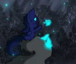 Size: 950x800 | Tagged: safe, artist:princess amity, oc, oc only, oc:sunless, butterfly, blind, crystal, eyes closed, glowing, night, scenery, sitting, solo, stars, tree