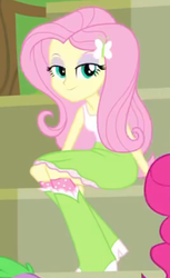 Size: 397x648 | Tagged: safe, screencap, fluttershy, pinkie pie, spike, dog, equestria girls, equestria girls (movie), bleachers, boots, clothes, cropped, fourth wall, high heel boots, lidded eyes, looking at you, skirt, socks, solo focus, spike the dog