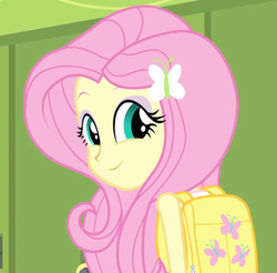 Size: 1054x1038 | Tagged: safe, screencap, fluttershy, equestria girls, g4, my little pony equestria girls, backpack, cropped, cute, female, fourth wall, looking at you, solo