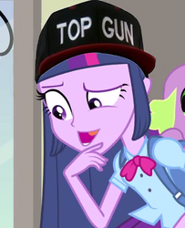 Size: 436x536 | Tagged: safe, edit, edited screencap, screencap, spike, twilight sparkle, dog, equestria girls, g4, my little pony equestria girls, baseball cap, cropped, hat, spike the dog, top gun