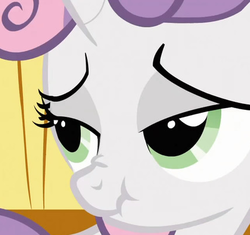 Size: 426x400 | Tagged: safe, sweetie belle, pony, unicorn, g4, bedroom eyes, close-up, female, filly, foal, scrunchy face, solo