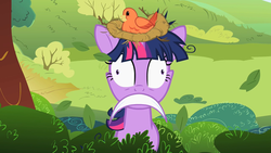 Size: 1280x720 | Tagged: safe, edit, edited screencap, screencap, constance, twilight sparkle, bird, pony, g4, lesson zero, bird nest, female, frown, inverted mouth, mare, nest, twilight snapple