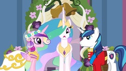 Size: 1600x900 | Tagged: safe, edit, edited screencap, screencap, princess cadance, princess celestia, shining armor, a canterlot wedding, g4, inverted mouth