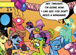 Size: 732x528 | Tagged: safe, artist:andy price, artist:thom zahler, edit, idw, official comic, big macintosh, bittersweet (g4), daisy, flower wishes, jade singer, summer mane, trixie, twilight sparkle, earth pony, pony, unicorn, series:my little pony mysteries, series:the mystery of the burnt calories, g4, micro-series #1, micro-series #3, my little pony micro-series, spoiler:comic, balloon, comic book, female, hat, lampshade, lampshade hat, male, mare, ship:twimac, stallion, straight