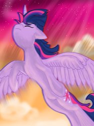 Size: 1024x1371 | Tagged: safe, artist:redthedog, twilight sparkle, alicorn, pony, g4, female, flying, mare, solo, twilight sparkle (alicorn), windswept mane