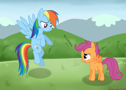 Size: 712x512 | Tagged: safe, artist:shadowstar-12, rainbow dash, scootaloo, g4, scootaloo can't fly