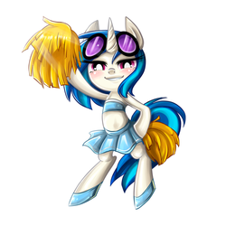 Size: 1000x1000 | Tagged: safe, artist:chch, dj pon-3, vinyl scratch, pony, g4, bipedal, cheerleader, clothes, female, midriff, miniskirt, pom pom, skirt, solo, studentpinkie, tube top