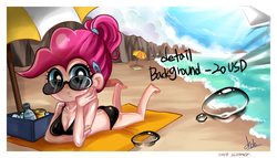 Size: 1050x600 | Tagged: safe, artist:chch, pinkie pie, human, g4, bikini, clothes, female, humanized, solo, swimsuit