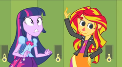 Size: 956x525 | Tagged: safe, edit, edited screencap, screencap, sunset shimmer, equestria girls, g4, my little pony equestria girls, animal crossing, crossover, villager