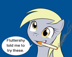 Size: 750x600 | Tagged: safe, derpy hooves, pegasus, pony, g4, bad advice fluttershy, cigarette, exploitable meme, female, implied fluttershy, mare, meme, smoking, smoking derpy, solo, speech bubble