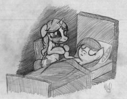 Size: 2820x2202 | Tagged: safe, artist:drawponies, taralicious, oc, oc only, earth pony, pony, unicorn, based on a true story, bed, crying, duo, dying, eyes closed, feels, female, filly, holding hooves, in bed, kiki, kiki havivy, mare, pencil drawing, ponysona, sad, tara strong, traditional art