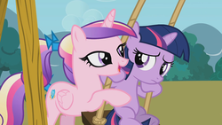 Size: 1280x720 | Tagged: safe, screencap, princess cadance, twilight sparkle, alicorn, pony, unicorn, a canterlot wedding, g4, my little pony: friendship is magic, duo, duo female, female, filly, out of context, princess, swing, teen princess cadance, teenager, younger