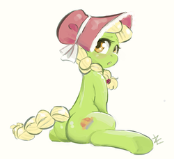Size: 600x546 | Tagged: safe, artist:lizombie, granny smith, pony, g4, adorasmith, butt, cute, female, plot, sitting, solo, young granny smith, younger