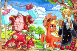 Size: 1669x1100 | Tagged: safe, artist:irie-mangastudios, applejack, big macintosh, lyra heartstrings, earth pony, pony, g4, apple, cider, crossover, franky, male, one piece, stallion, traditional art, vinsmoke sanji, zap apple