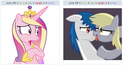 Size: 526x277 | Tagged: safe, derpy hooves, princess cadance, oc, oc:roboshi, pegasus, pony, g4, do not want, exploitable meme, female, juxtaposition, juxtaposition win, licking, mare, meta, reaction image