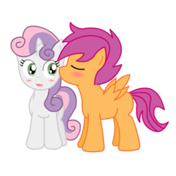 Size: 500x500 | Tagged: dead source, safe, artist:jaceleo, sweetie belle, oc, oc:tagalong, g4, canon x oc, cheek kiss, female, kissing, male, simple background, straight, transparent background