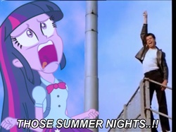 Size: 800x597 | Tagged: safe, twilight sparkle, equestria girls, g4, my little pony equestria girls, danny zucco, exploitable meme, grease (musical), john travolta, meme, singing, song reference, summer nights (song), twiscream