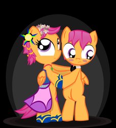 Size: 853x937 | Tagged: safe, artist:sharpieboss, scootaloo, oc, oc:tagalong, pegasus, pony, g4, bedroom eyes, blushing, brother and sister, dancing, female, grand galloping gala, looking back, male, twins
