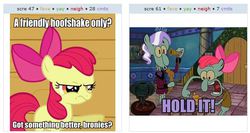 Size: 531x283 | Tagged: safe, apple bloom, diamond tiara, g4, band geeks, exploitable meme, image macro, juxtaposition, juxtaposition win, male, meta, spongebob squarepants, squidward tentacles, squilliam fancyson, valentine's day (spongebob episode)