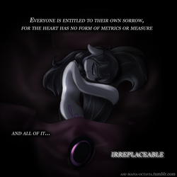 Size: 2000x2000 | Tagged: safe, artist:zedrin, octavia melody, g4, caption, crying, dark, deep, depressed, eyes closed, female, floppy ears, hat, lonely, mafia, mafia octavia, on side, rwby, sad, solo, tail, tail hug