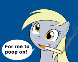 Size: 750x600 | Tagged: safe, derpy hooves, pegasus, pony, g4, chat bubble, cigarette, female, implied scat, mare, meme, reaction image, simple background, smoking, smoking derpy, solo, triumph the insult comic dog